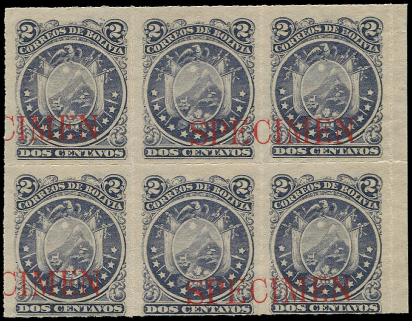 ** BOLIVIE - Poste - 24, Bloc De 6 Bdf, Percé En Lignes, Surcharge Rouge "specimen": 2c. Violet - Bolivia