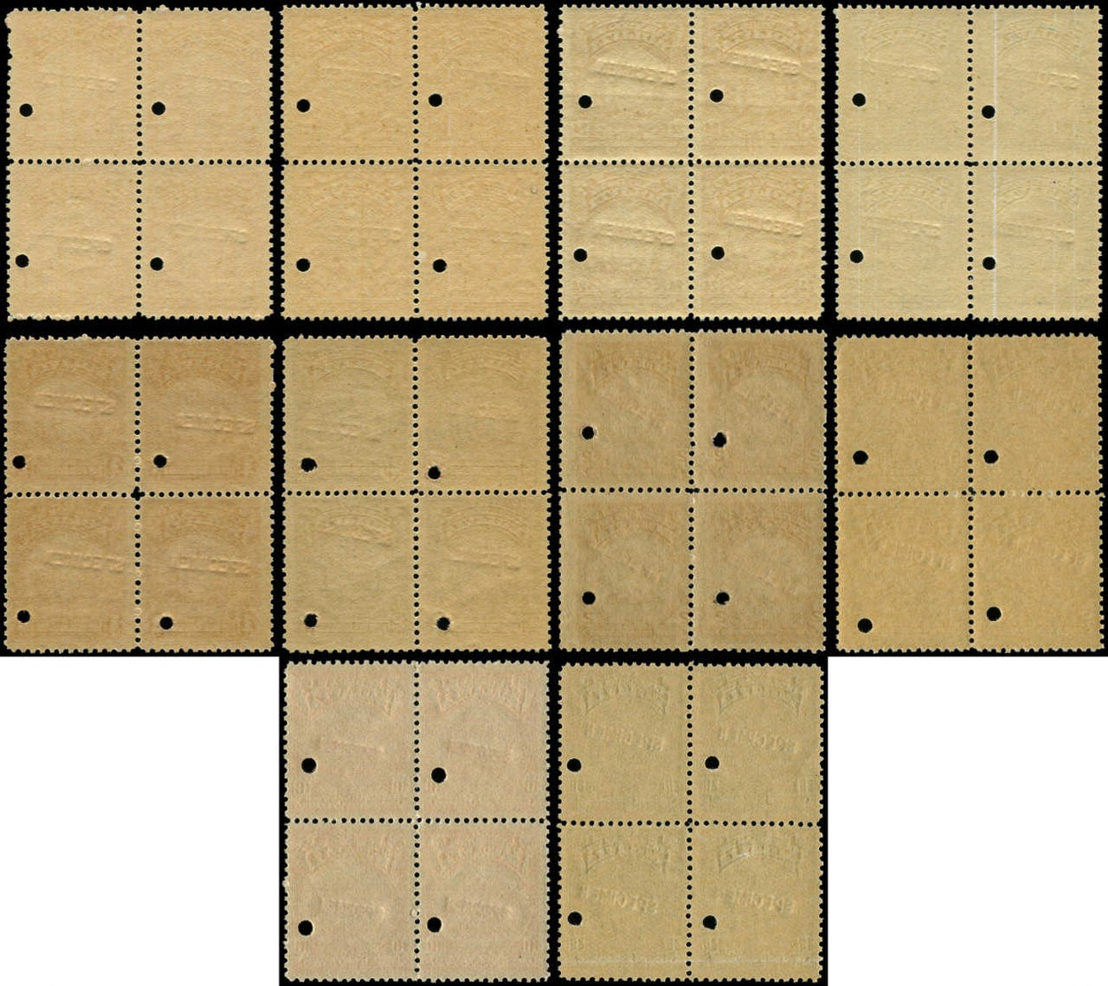 ** BOLIVIE - Poste - 111/20, 10 Blocs De 4 Surchargés "specimen" + Perfo De Contrôle: Armoiries - Bolivie