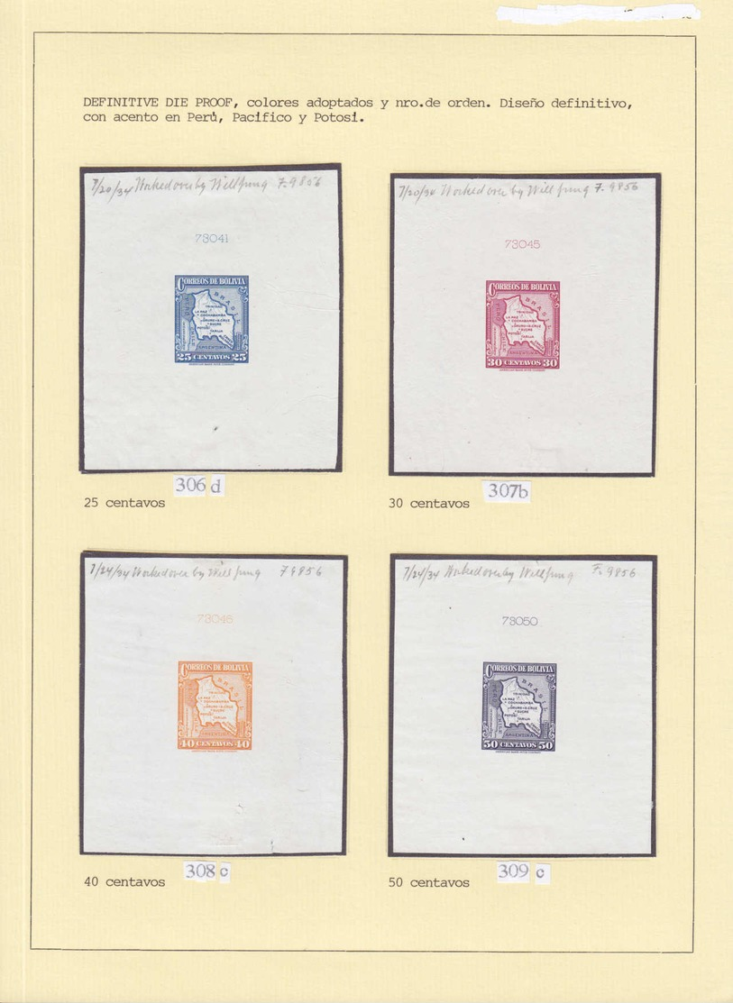 EPA BOLIVIE - Poste - 190/203, (1935) Carte du pays, collection spécialisée de 44 épreuves de fabrication différentes + 