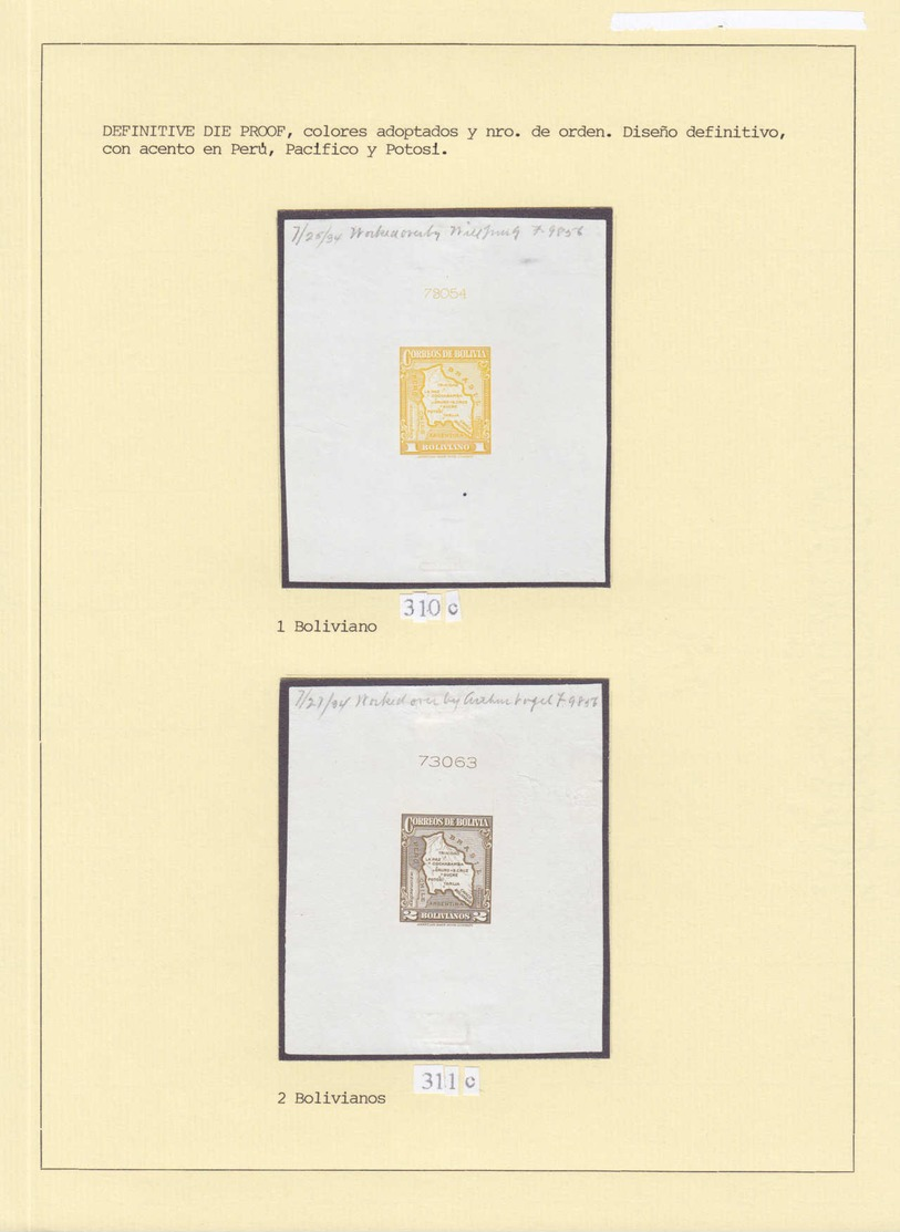 EPA BOLIVIE - Poste - 190/203, (1935) Carte du pays, collection spécialisée de 44 épreuves de fabrication différentes + 