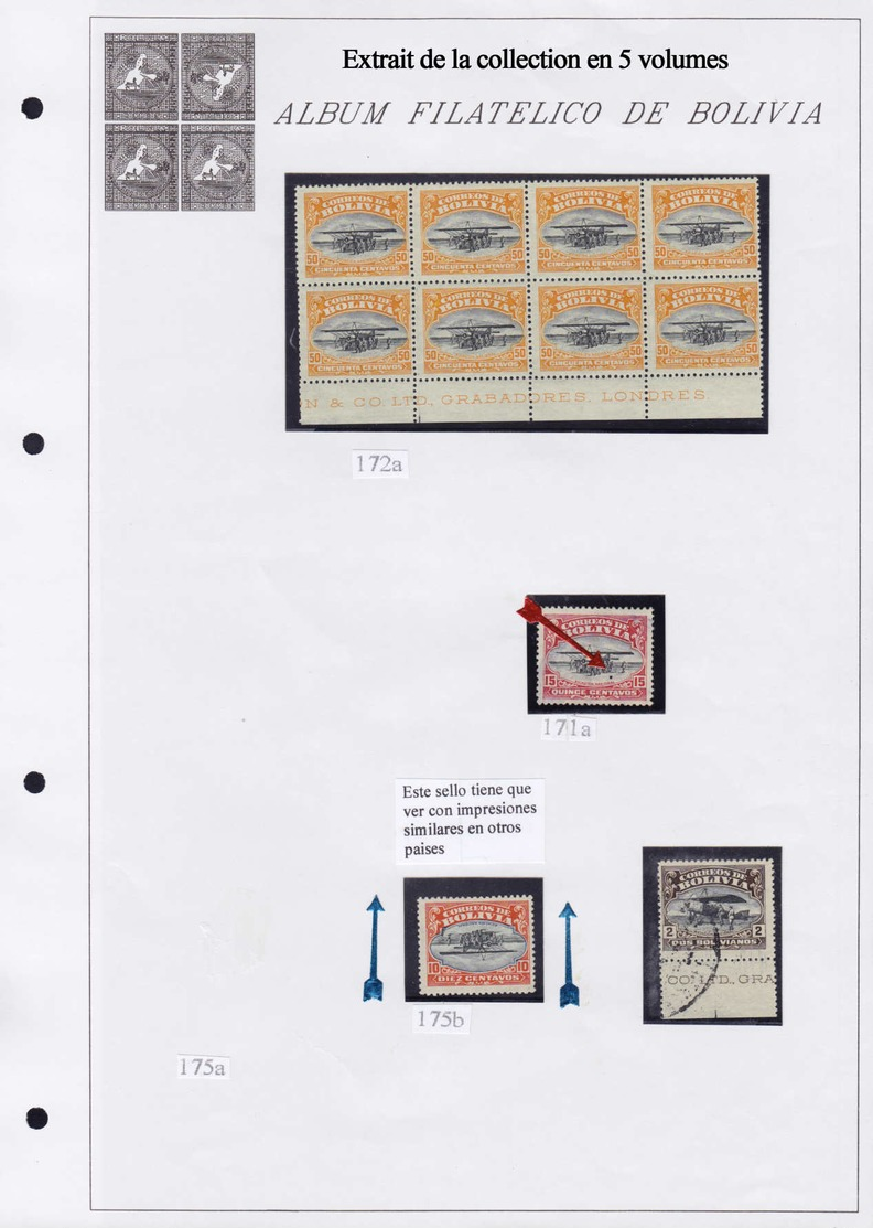 X/O BOLIVIE - Lots & Collections - Collection spécialisée + 2850 timbres 1870/1980 en 5 volumes, tous avec variétés, sou