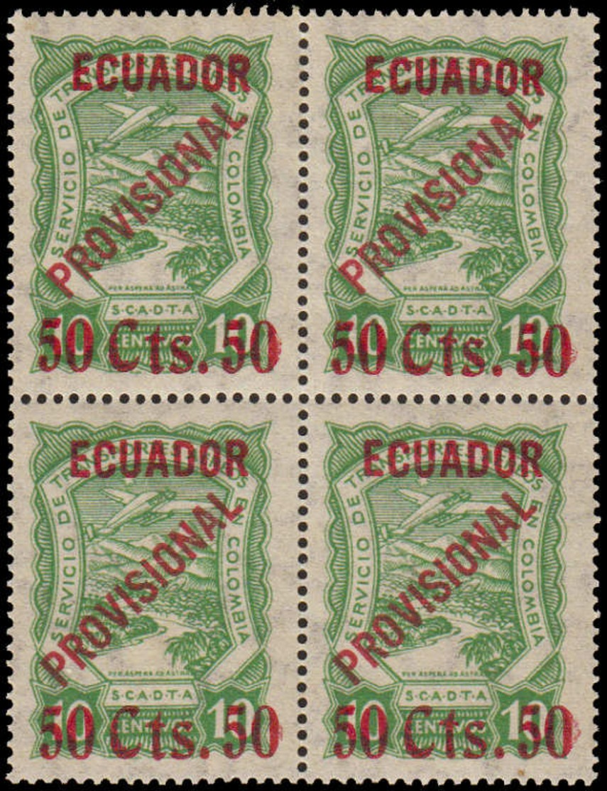 ** EQUATEUR - Poste Aérienne - 1, Bloc De 4, "50cts/ 10" Vert, (tirage 100), Infimes Adhérences D'origine Sur La Gomme ( - Equateur