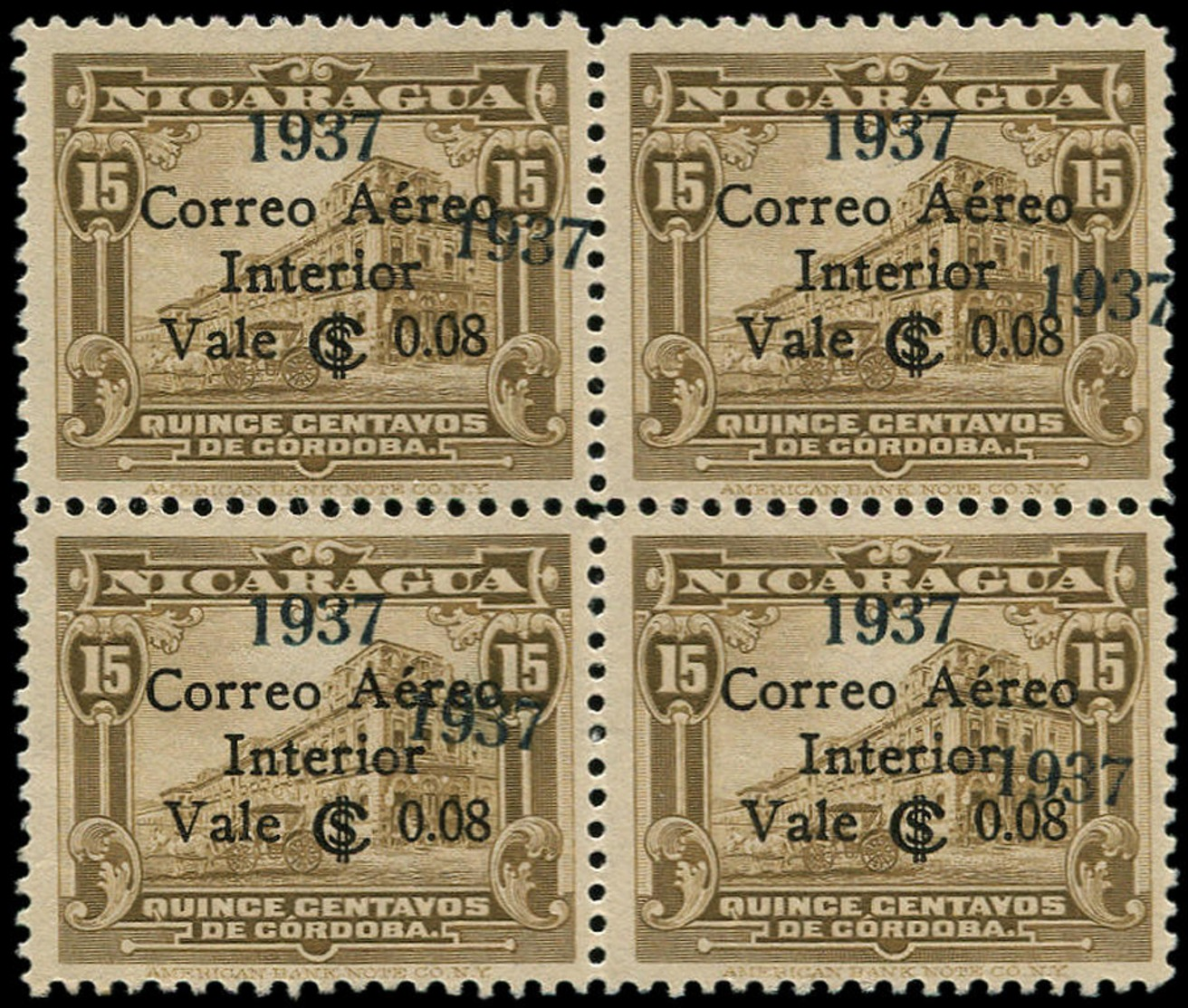 * NICARAGUA - Poste Aérienne - 144, Bloc De 4, Double Surcharge 1937, Signé Aguilera - Nicaragua