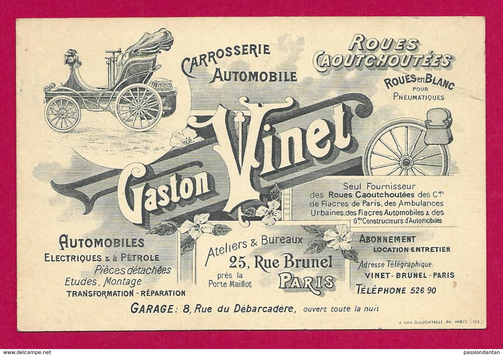 Carte De Visite De La Carrosserie Automobile Gaston Vinet Sise à Paris Rue Du Débarcadère - Cartes De Visite