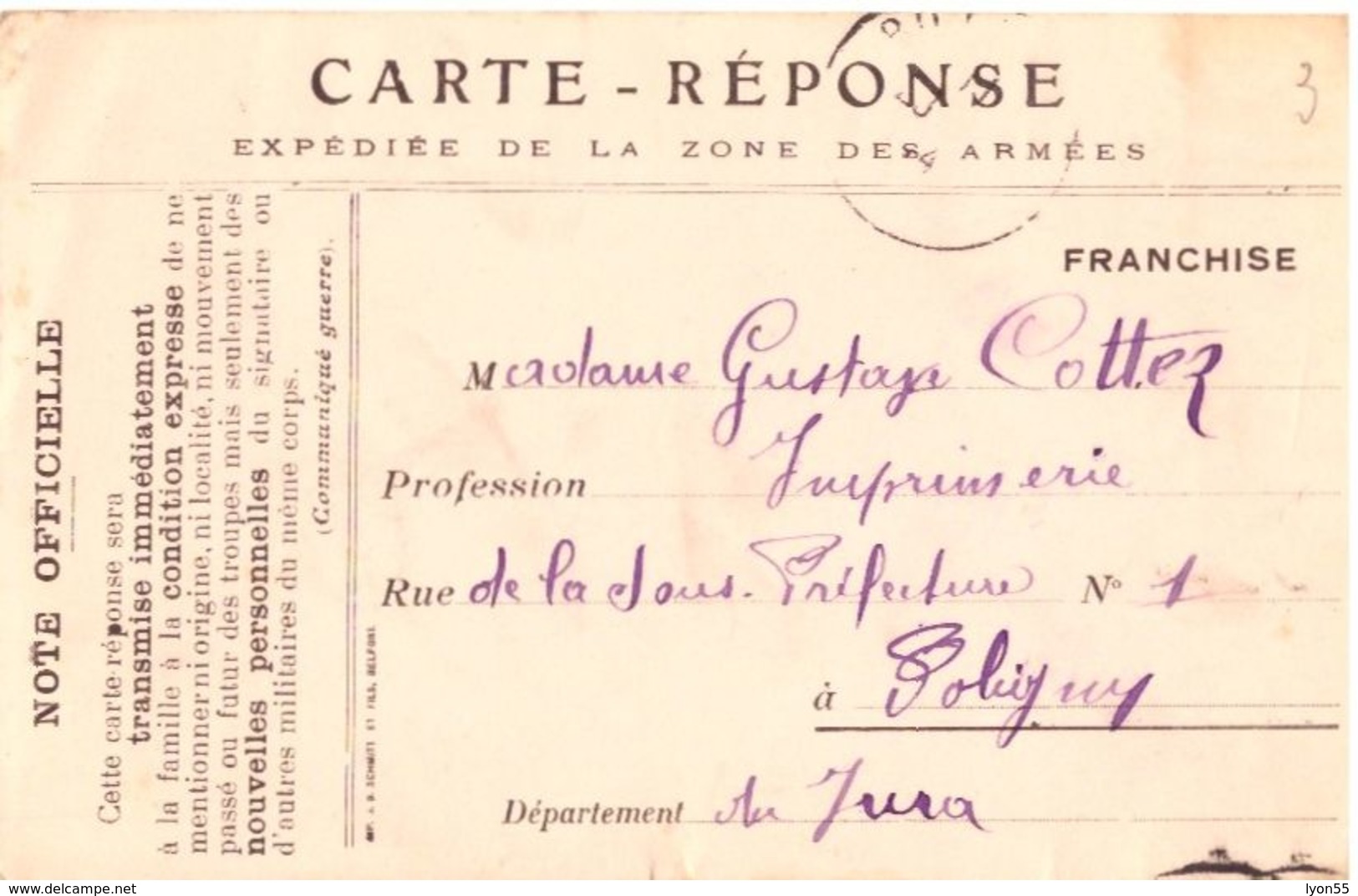 Carte Franchise Correspondance Militaire 1914 - Autres & Non Classés