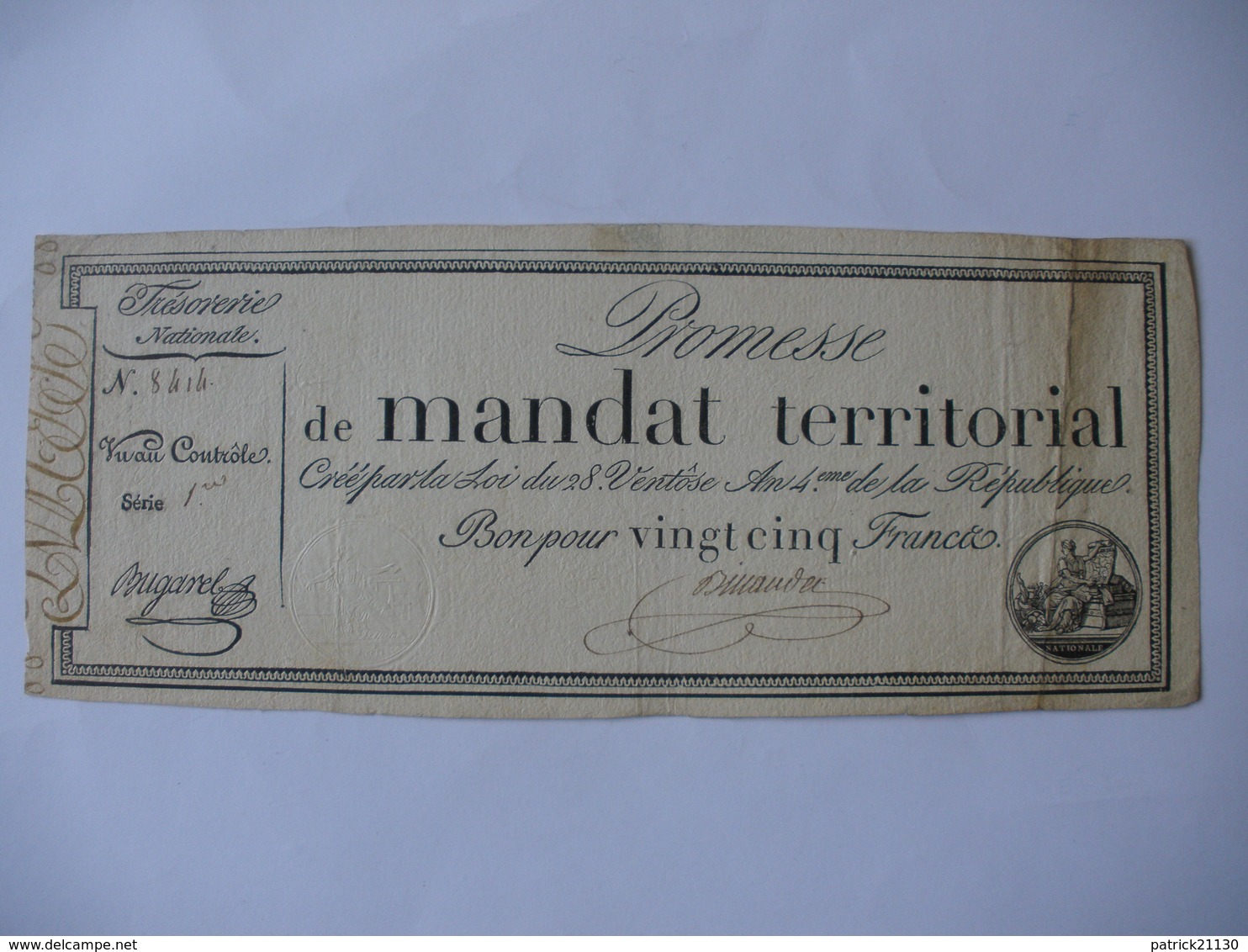 PROMESSE DE MANDAT TERRITORIAL 25F DU 28 VENTOSE AN 4 LAF 200 SERIE 1 N°8414 RARE - Assignats & Mandats Territoriaux