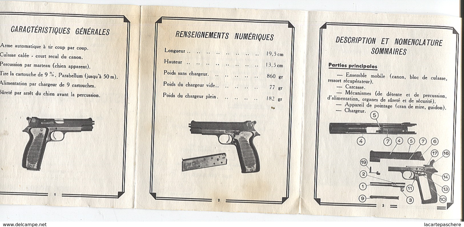 X120628 PISTOLET MILITAIRE AUTOMATIQUE 9 MM MODELE 1950 GUIDE TECHNIQUE SOMMAIRE AVEC PHOTOS ET EXPLICATIONS - Documents