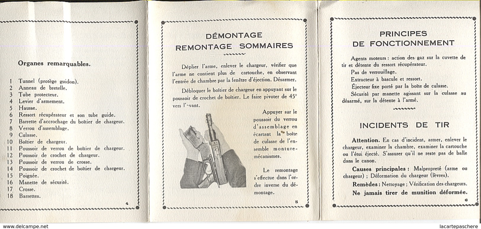 X120632 PISTOLET MITRAILLEUR DE 9 MM M. A. T. MODELE 1949 GUIDE TECHNIQUE SOMMAIRE AVEC PHOTOS ET EXPLICATIONS - Documents