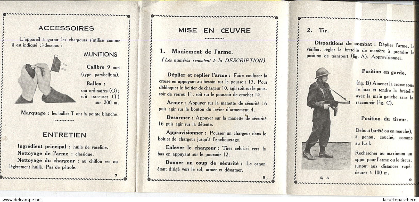 X120632 PISTOLET MITRAILLEUR DE 9 MM M. A. T. MODELE 1949 GUIDE TECHNIQUE SOMMAIRE AVEC PHOTOS ET EXPLICATIONS - Documents