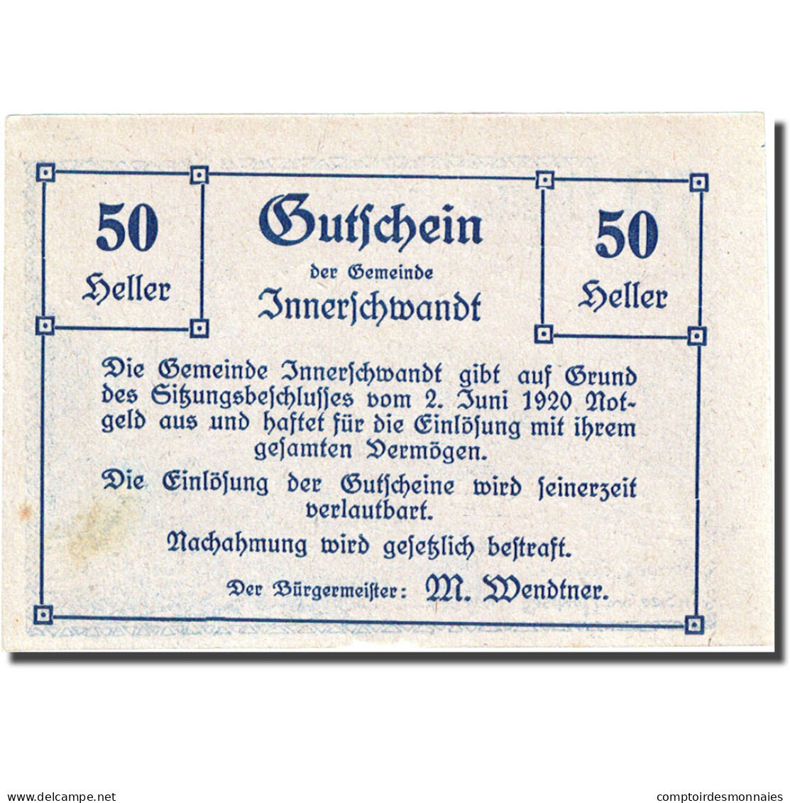 Billet, Autriche, Innerschwand, 50 Heller, Lac 1920-06-02, SPL, Mehl:FS 408 - Autriche