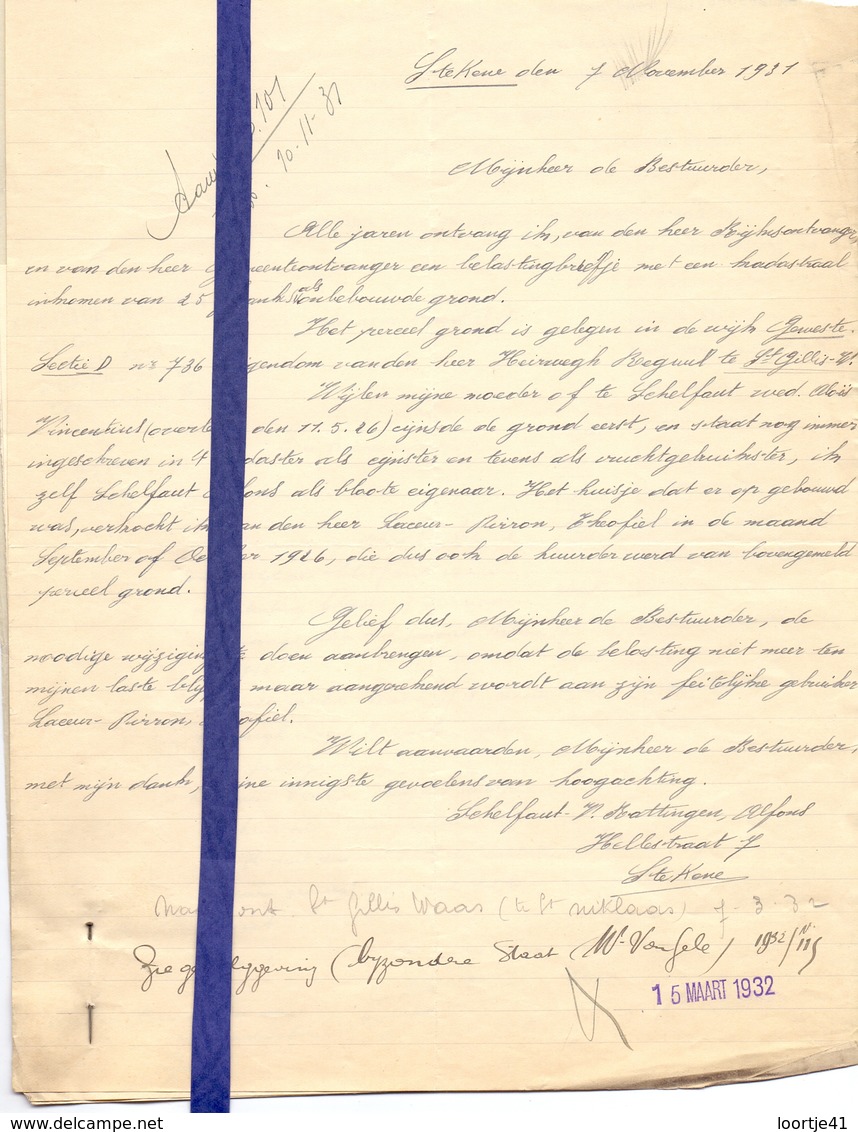 Brief Lettre - Schelfaut - Rattingen Stekene Naar Kadaster - 1931 - Unclassified