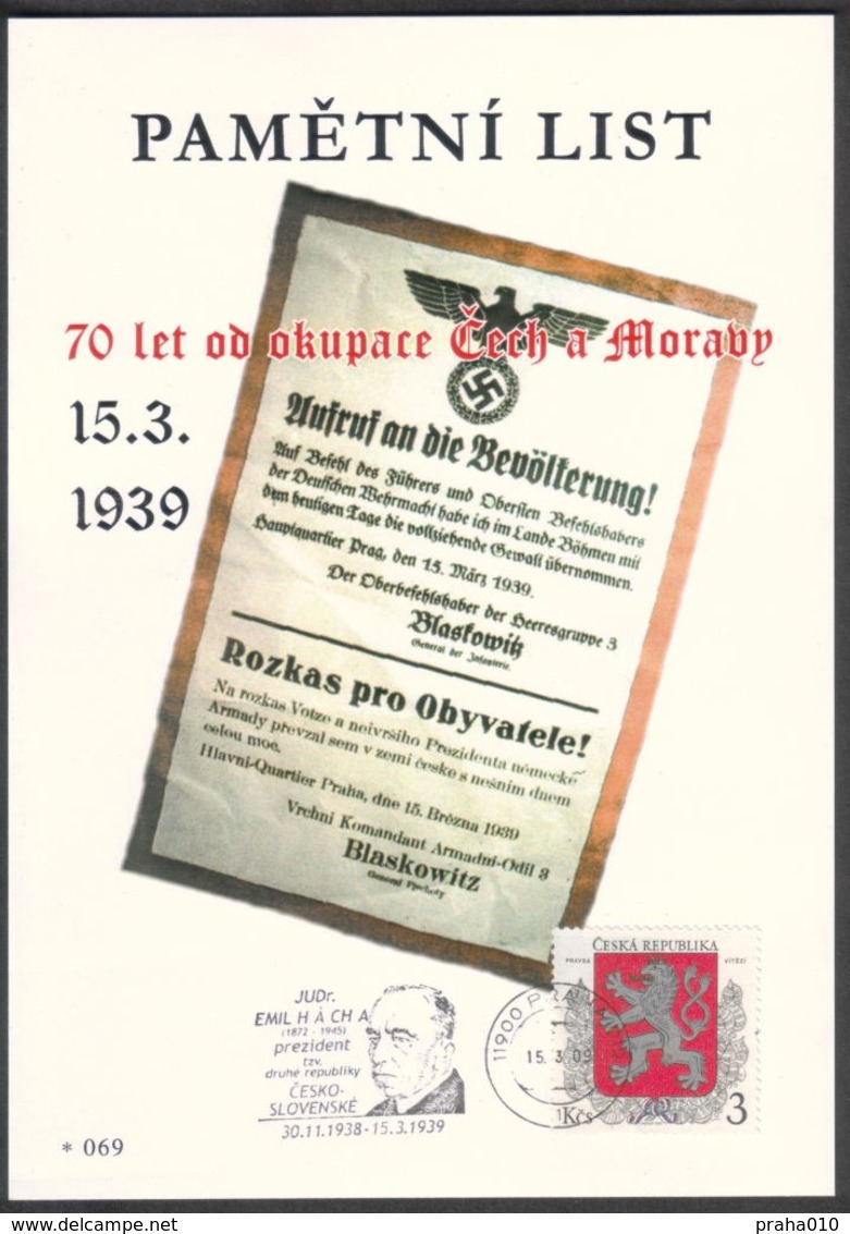 Tchéquie / Feuille Commémorative (PaL 2009/03) 119 00 Praha 012: 70 Ann. Occupation De La Tchécoslovaquie - Lettres & Documents