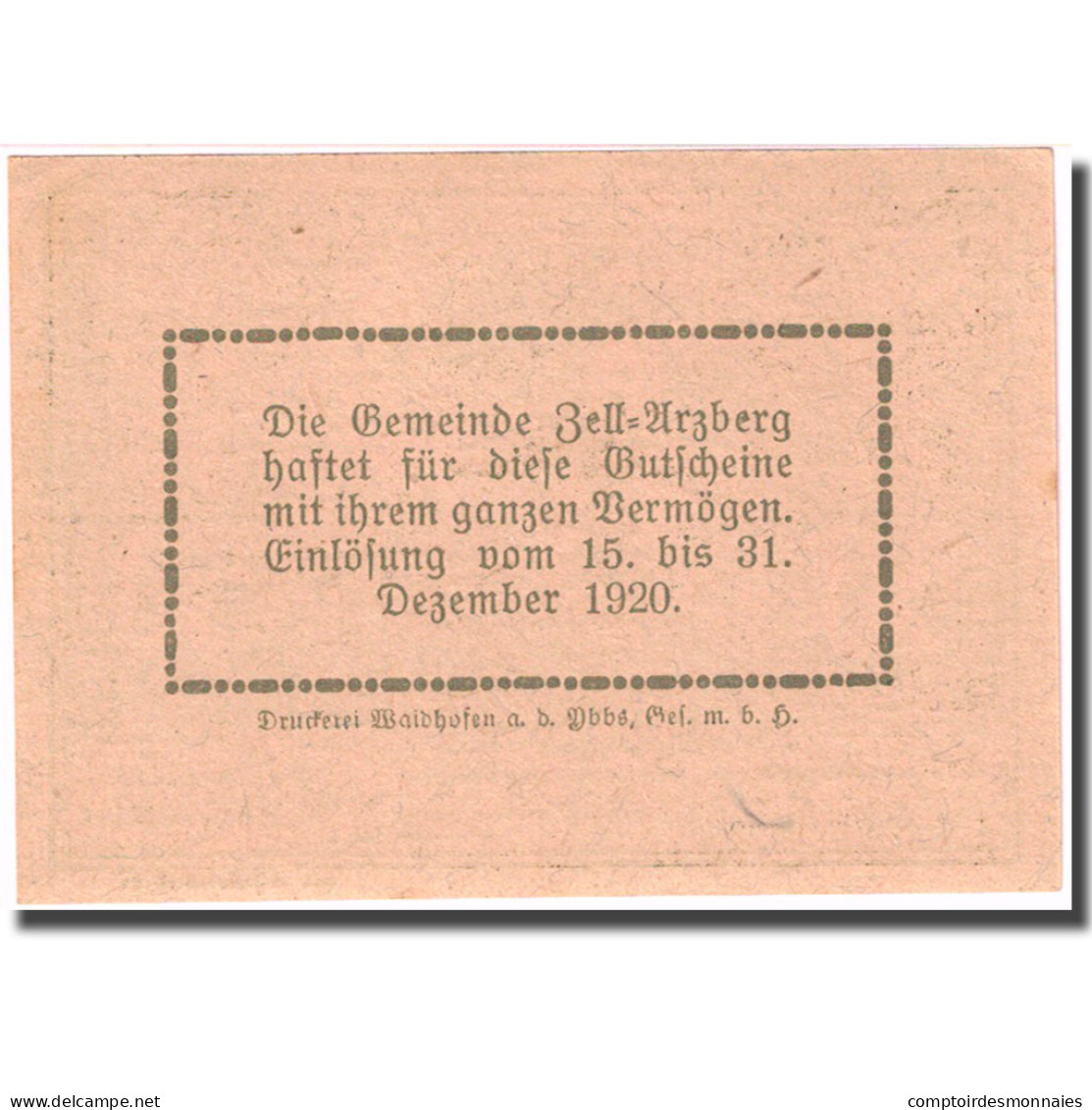 Billet, Autriche, Zell Arzberg, 50 Heller, Agriculteur 1920-12-31 SPL FS 1273a - Autriche