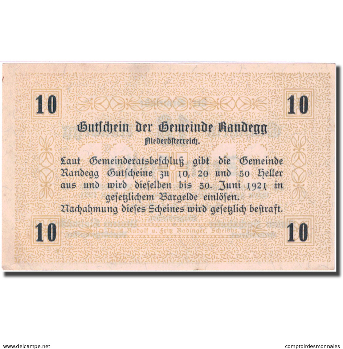 Billet, Autriche, Randegg, 10 Heller, Valeur Faciale 1921-06-30, SPL FS 817 - Autriche