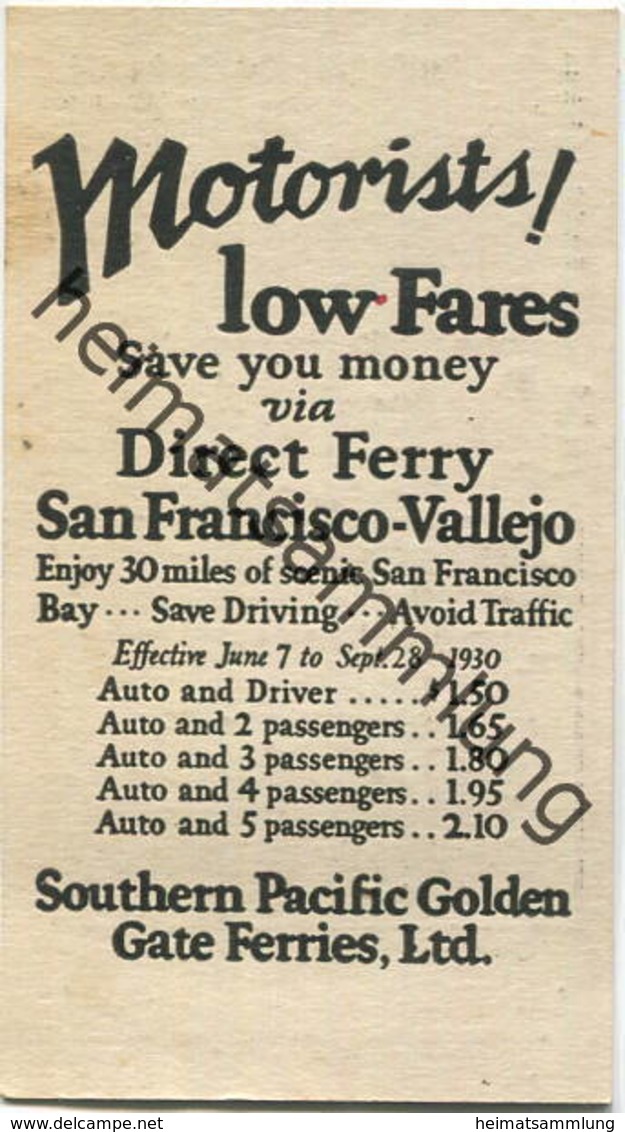 USA - Southern Pacific Golden Gate Ferries Ltd. - Automobile Traveling - Fahrplan Für Den Autotransport Vom 7. Juni Bis - World