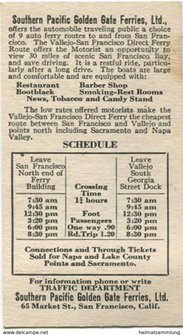 USA - Southern Pacific Golden Gate Ferries Ltd. - Automobile Traveling - Fahrplan Für Den Autotransport Vom 7. Juni Bis - Monde