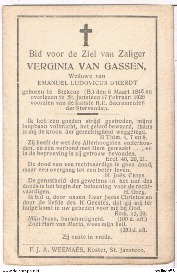 Dp. Van Gassen Verginia. Wed. D'Herdt Emanuel. ° Stekene (B) 1846 † St.Jansteen 1926  (2 Scan's) - Religion & Esotérisme
