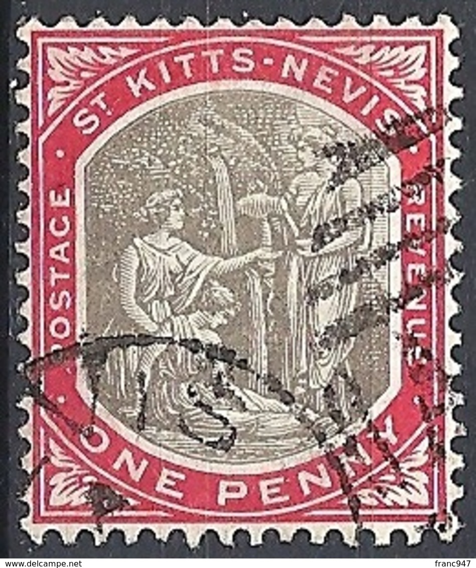 St. Kits & Nevis, 1905 Medicinal Spring, 1p Car & Black, Wmk. Multi Crown CA # S.G. 13 - Michel 13 - Scott 13  USED - St.Christopher-Nevis & Anguilla (...-1980)