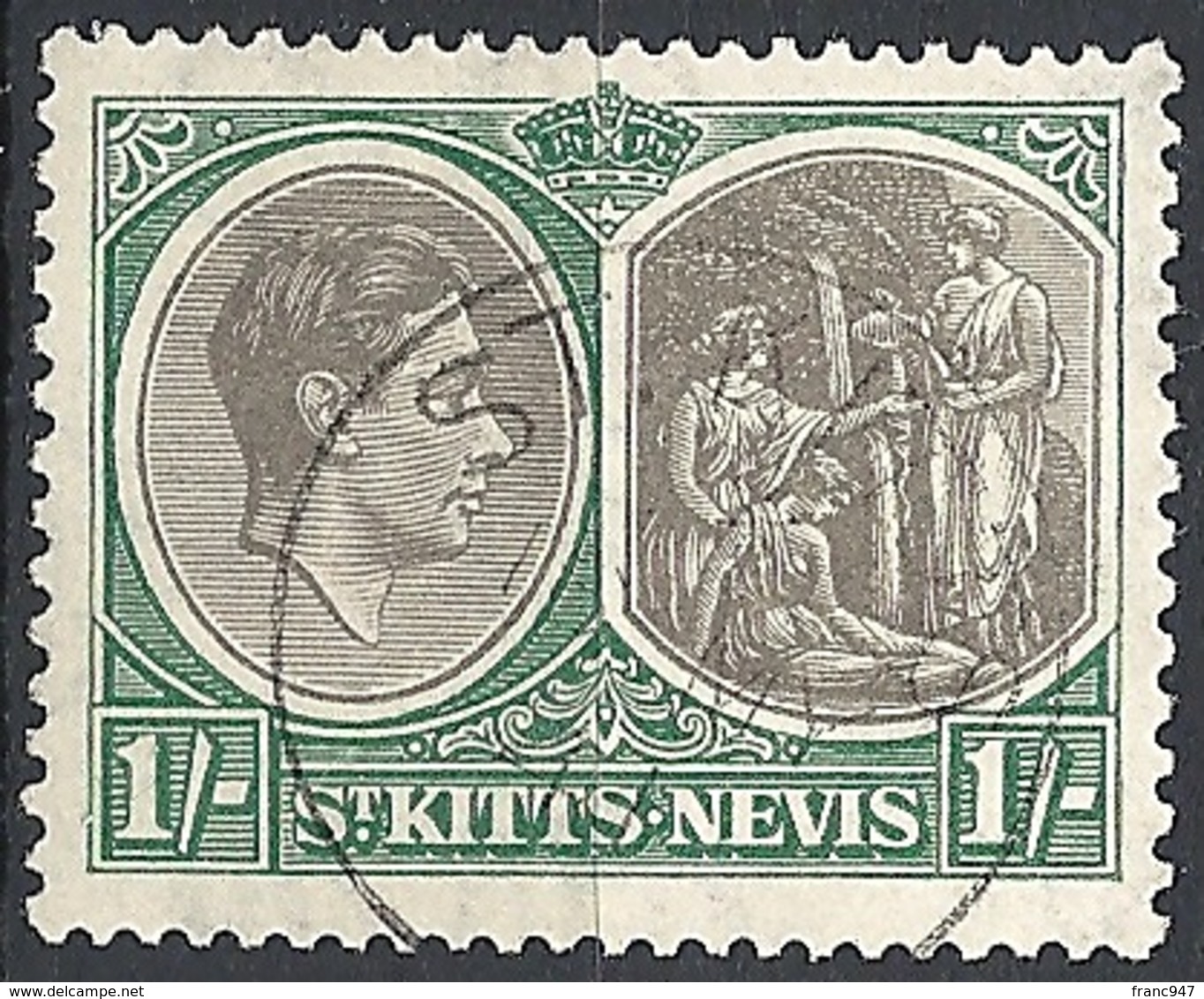 St. Kits & Nevis, 1938 King George VI & Columbus Looking, 1sh # S.G. 75 - Michel 79 - Scott 86  USED - St.Christopher-Nevis & Anguilla (...-1980)