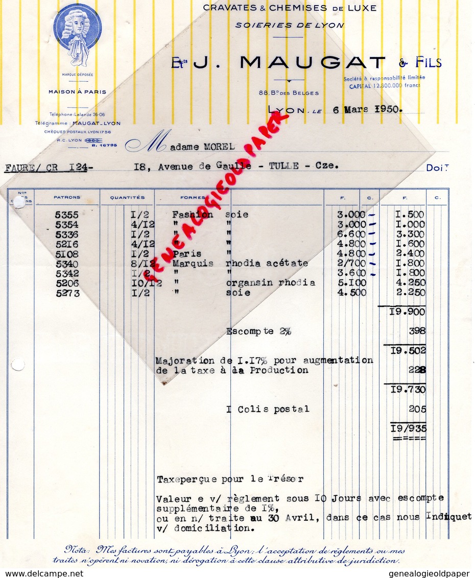 69 - LYON - FACTURE J. MAUGAT & FILS  - CRAVATES CHEMISES SOIERIES - 88 BD DES BELGES- 1950 MAISON A PARIS - 1900 – 1949