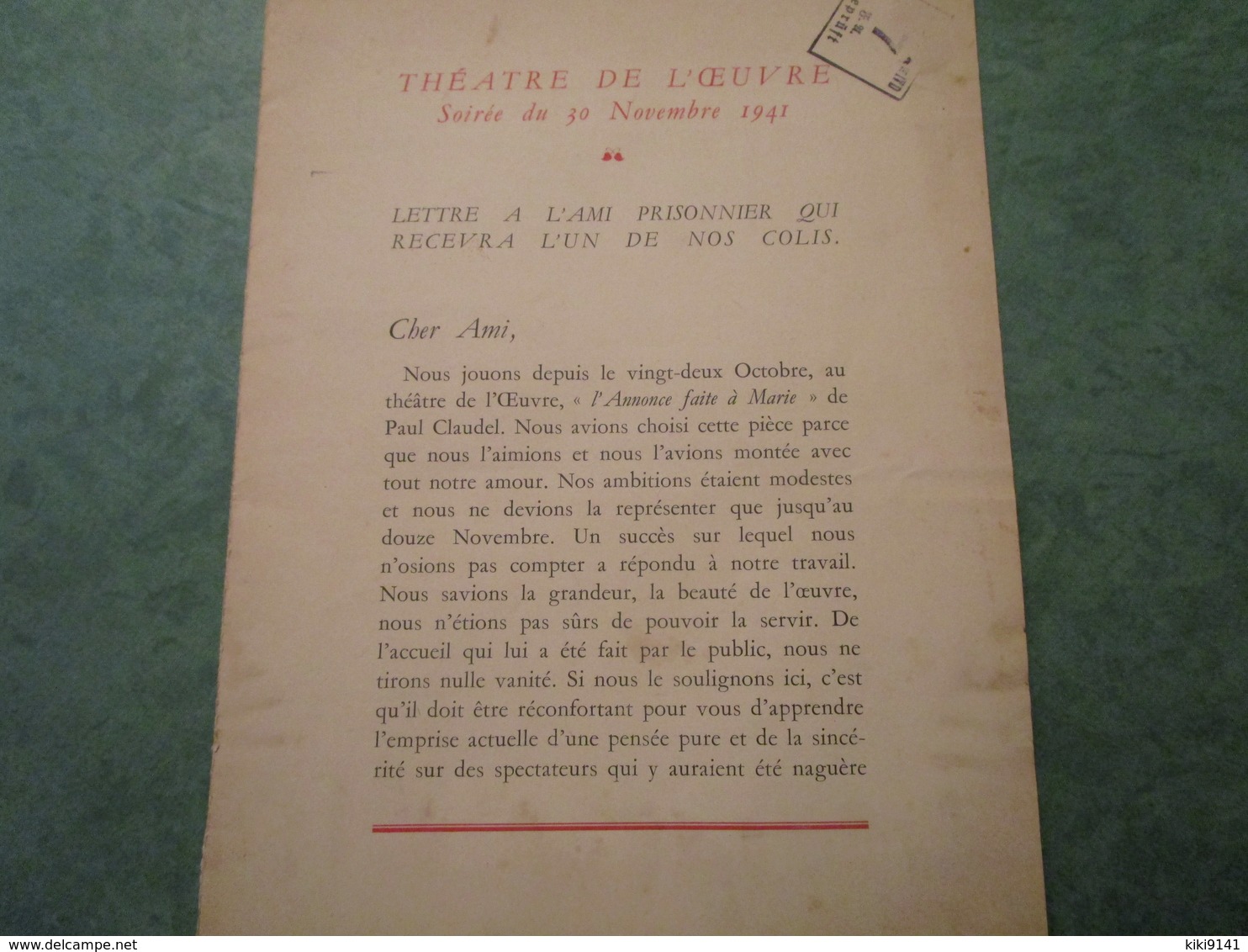 THEATRE DE L'OEUVRE - Soirée Du 30 Novembre 1941 - Lettre à L'ami Prisonnier Qui Recevra L'un De Nos Colis - 1939-45