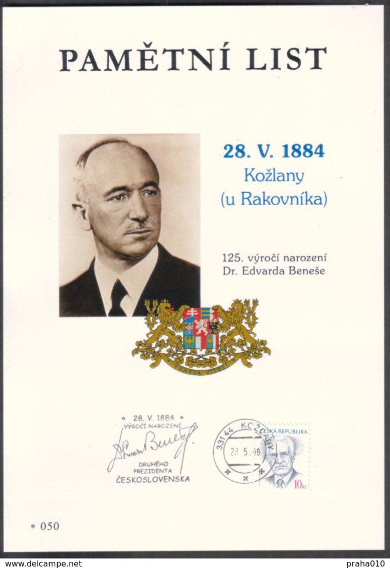 Tchéquie / Feuille Commémorative (PaL 2009/05) Kozlany: 125 Ann. Naissance Du Dr Edvard Benes, Président De La Tchécosl. - Lettres & Documents