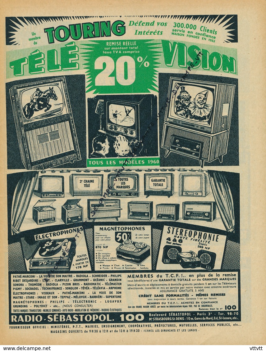 Ancienne Publicité (1960) : RADIO-SEBASTOPOL, Transistor, Electrophone, Magnétophone, Télévision, Stéréophonie... - Advertising