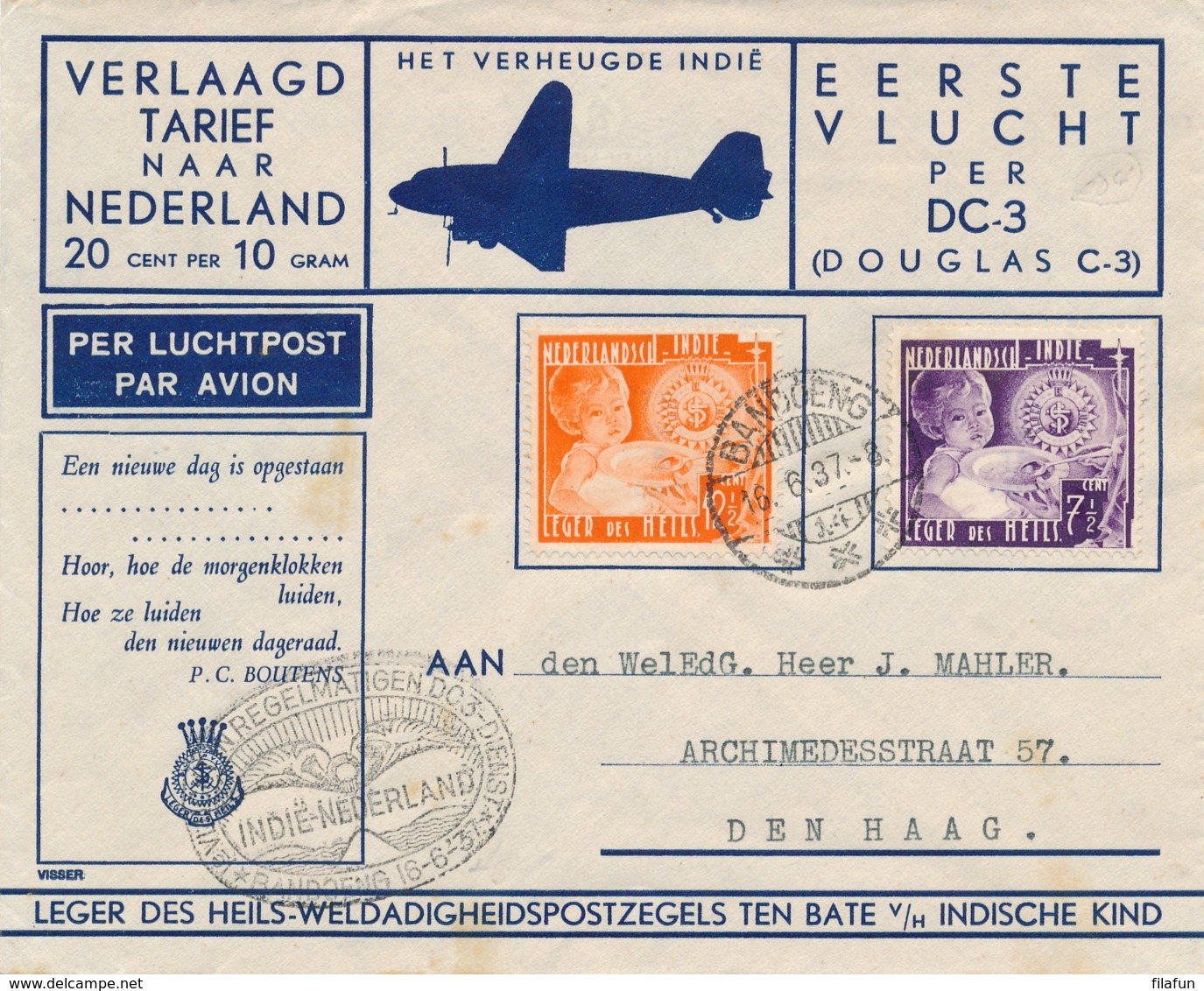 Nederlands Indië - 1937 - 12,5 En 7,5 Cent Leger Des Heils On Special Flight From LB Bandoeng/14 To Den Haag / NL - Nederlands-Indië