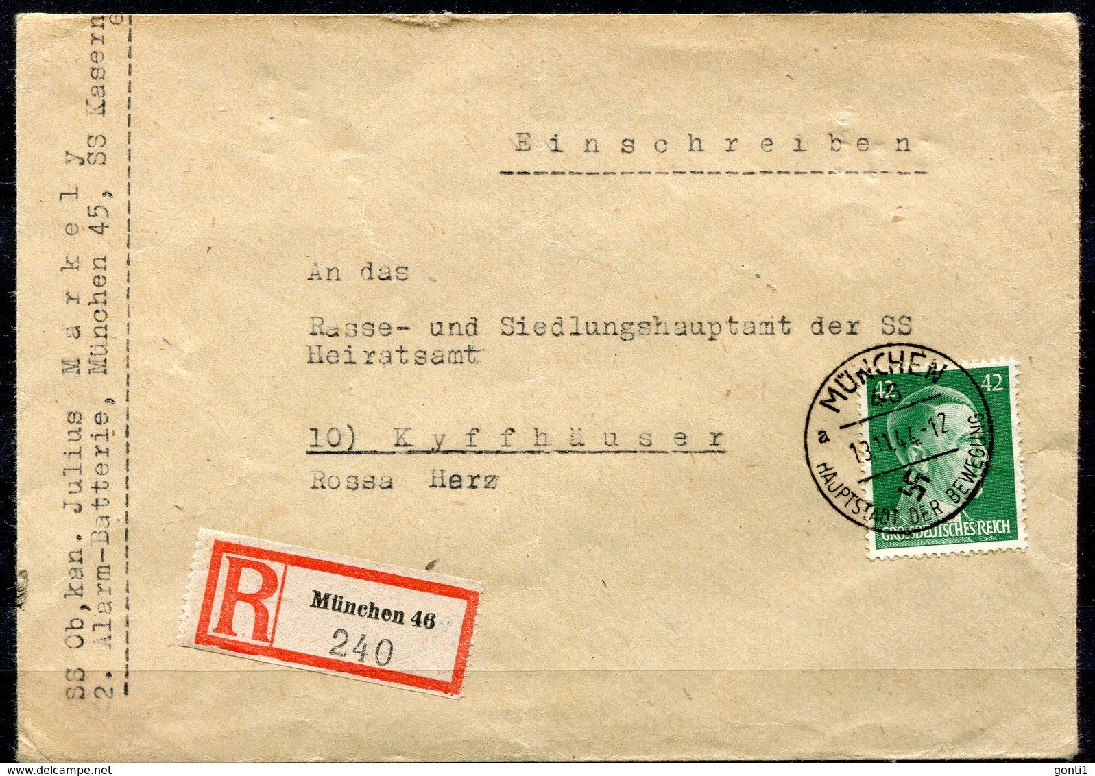 German Empires 1944  SS Behörden Reco/Einschreib Bedarfsbrief München SS Kaserne Mit Mi.Nr.795 Und Tstp"München "1 Beleg - Briefe U. Dokumente
