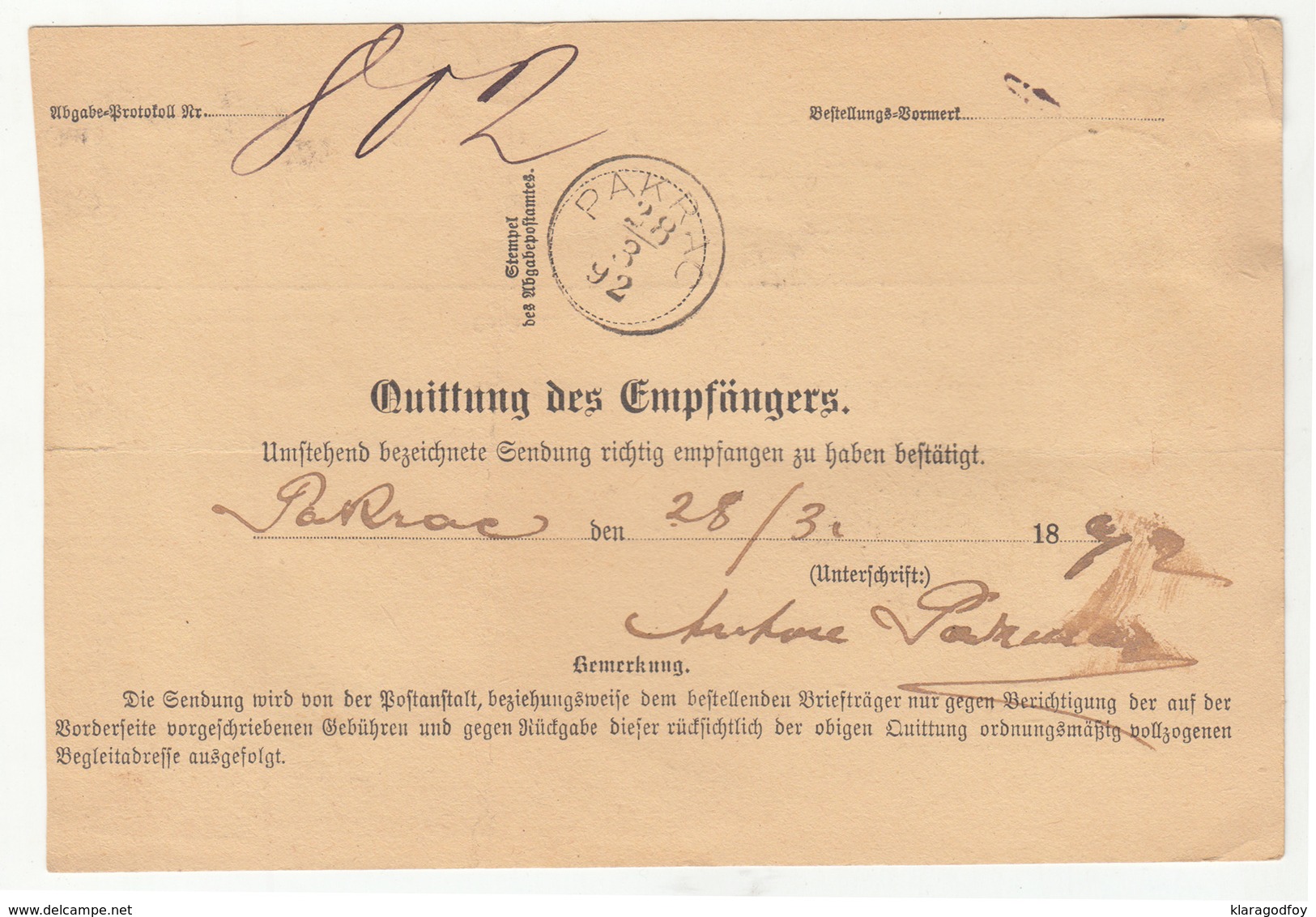 Austria Post-Begleitadresse Nachname Postal Stationery 1892 Wien To Pakrac B190220 - Storia Postale