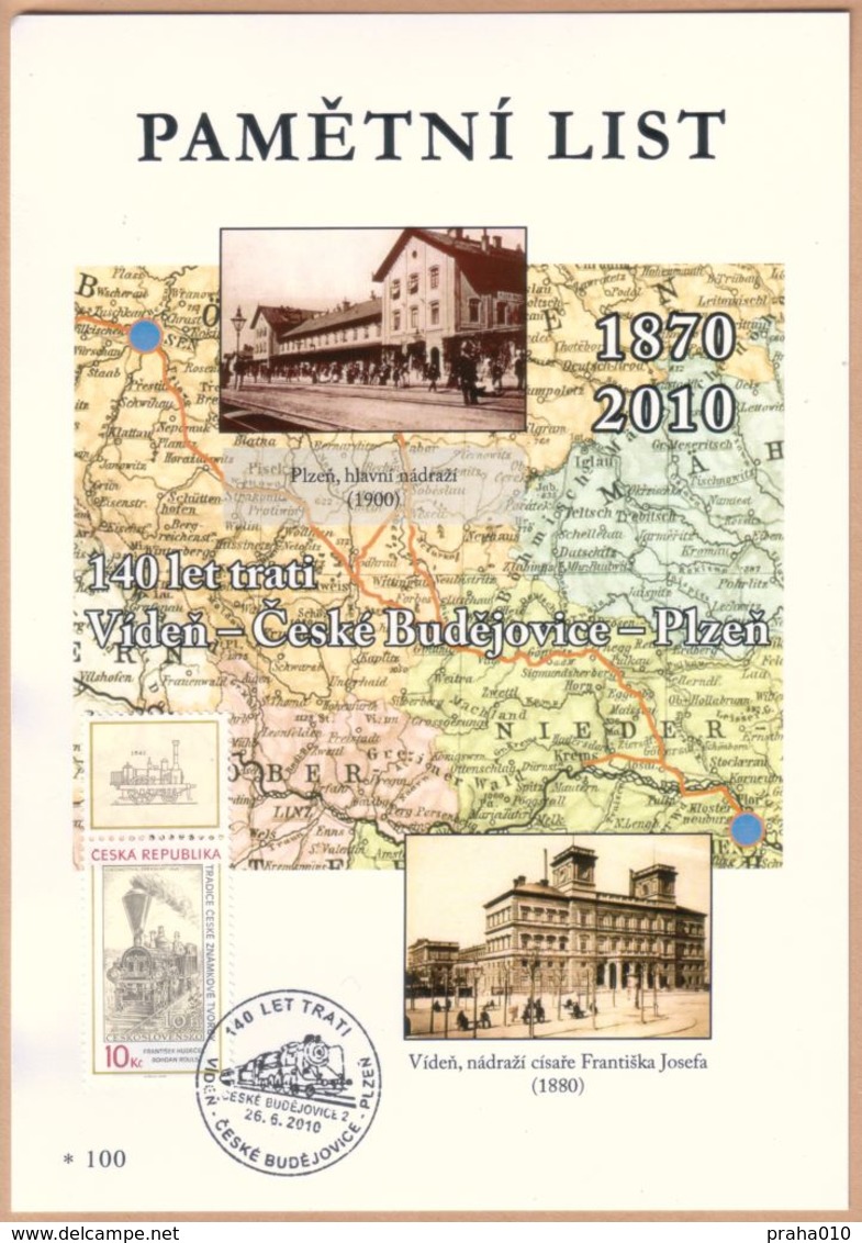 Rep. Ceca / Foglio Commemorativo (PaL 2010/02) Ceske Budejovice 2: Linea Ferroviaria 140 Anni Vienna-C. Budejovice-Plzen - Covers & Documents