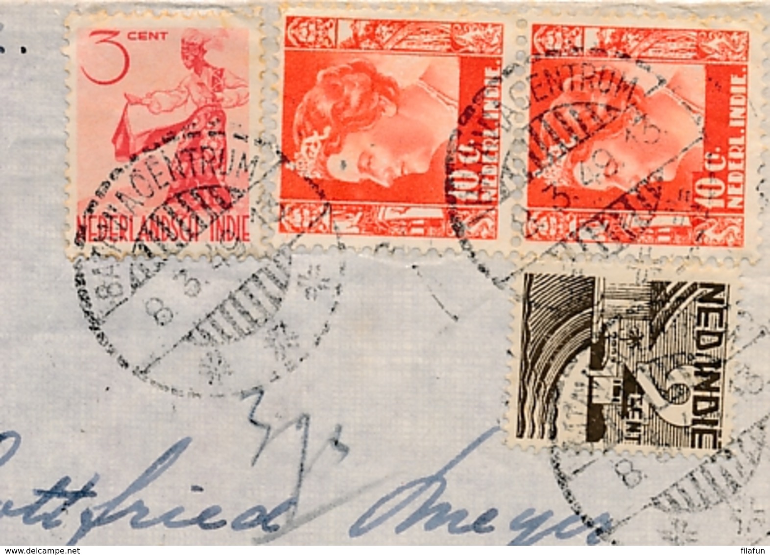 Nederlands Indië - 1949 - 4 Stamps Mixed Franking On Censored Airmail Cover From Batavia To Amsterdam / Nederland - Nederlands-Indië