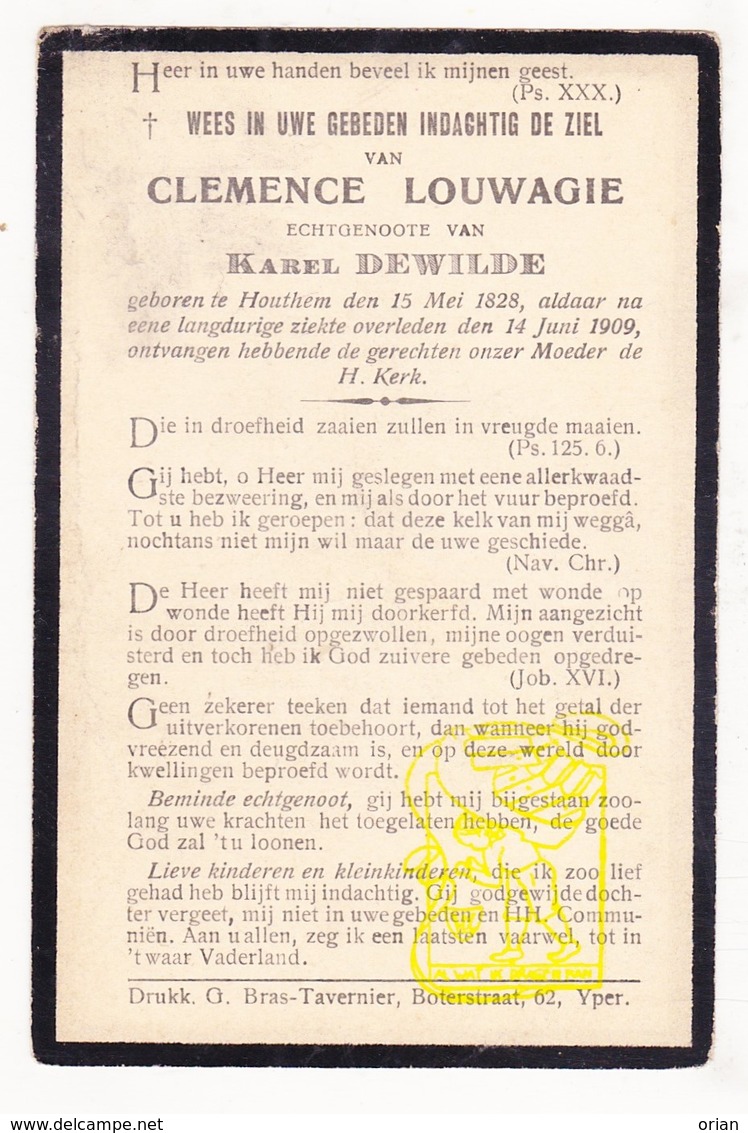 DP Clemence Louwagie ° Houthem Komen-Waasten 1828 † 1909 X Karel DeWilde - Images Religieuses