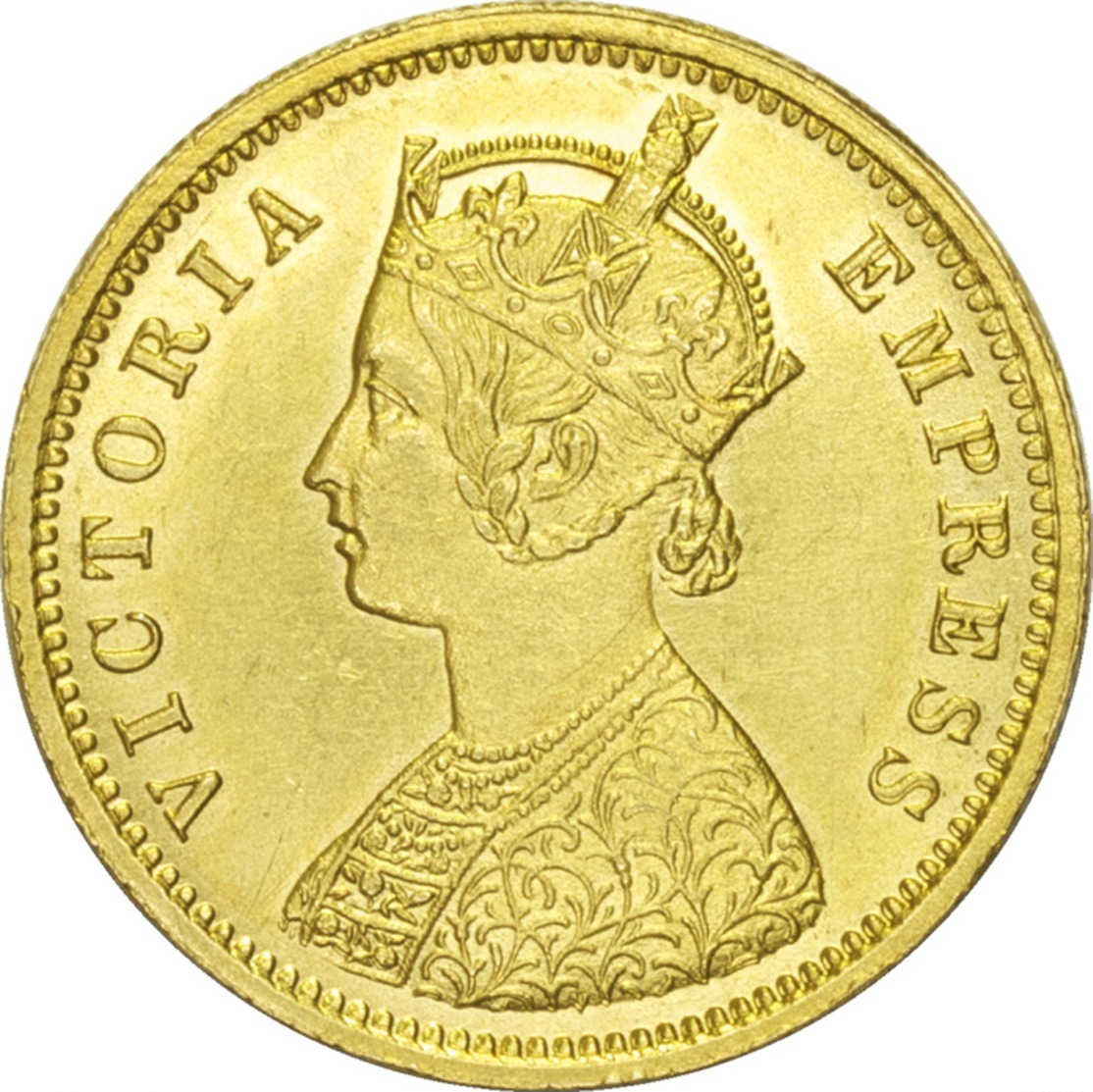 BRITISH INDIA GOLD COIN, ONE MOHUR, 1888, QUEEN VICTORIA, EF, RARE - India