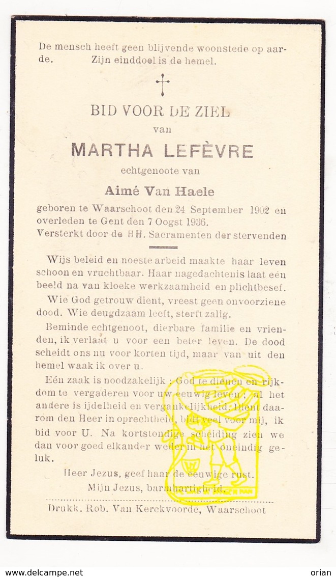 DP Martha Lefevre ° Waarschoot 1902 † Gent 1936 X Aimé Van Haele - Images Religieuses