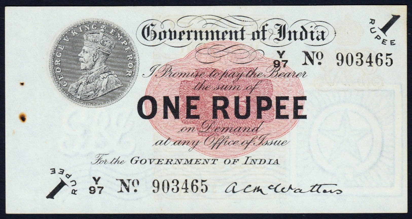 BRITISH INDIA BANKNOTE, ONE RUPEE, 1917, KING GEORGE V, UNC, RARE - India