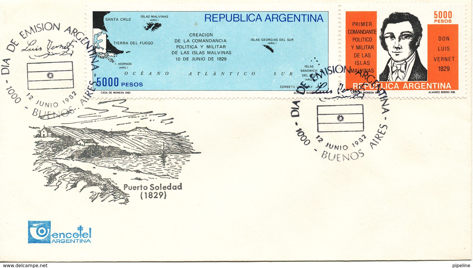 Argentina FDC 12-6-1982 Luis Vernet With Map Of Falkland Islands And Puerto Soloda Cachet - FDC