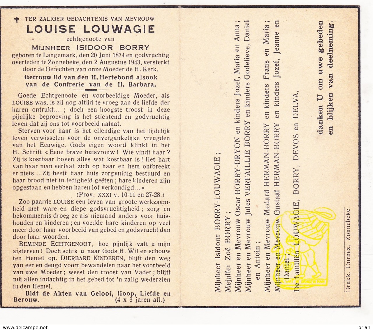 DP Louise Louwagie ° Langemark 1874 † Zonnebeke 1943 X Isidoor Borry / Bryon Verfaillie Herman Devos Delva - Images Religieuses