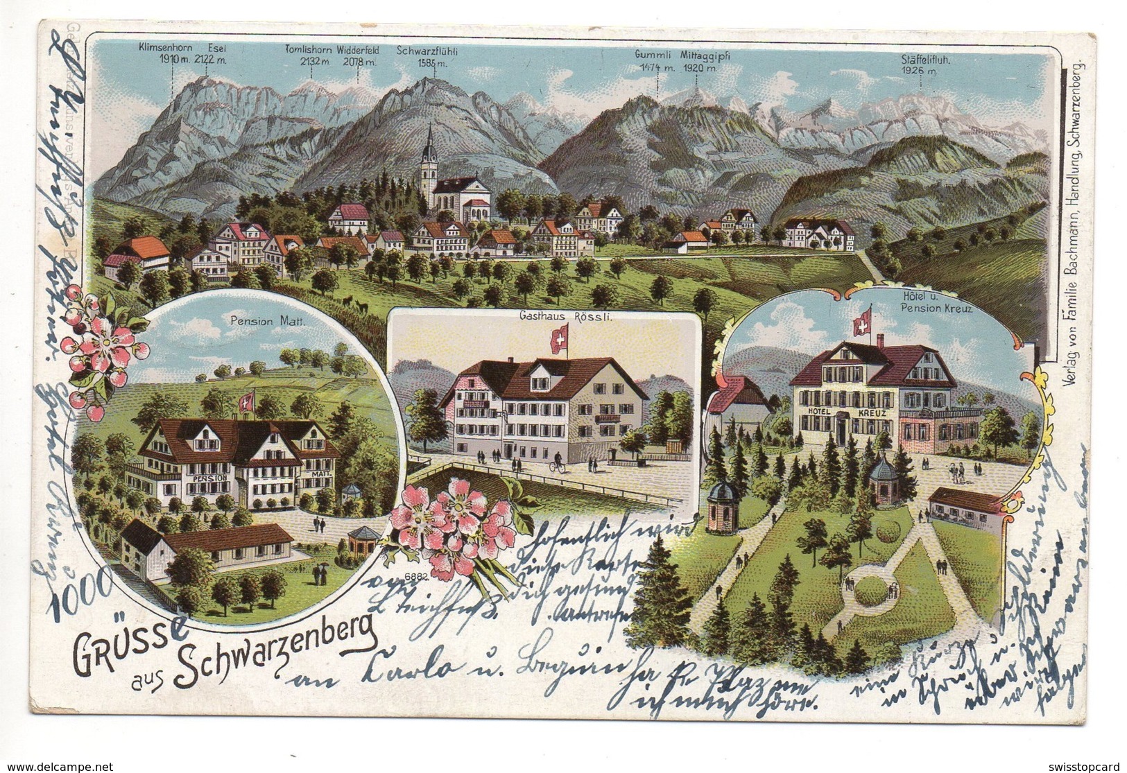 LITHO Gruss Aus SCHWARZENBERG Pension Matt Gasthaus Rössli Hotel Pension Kreuz Gel. 1903 N. Luzern - Schwarzenberg