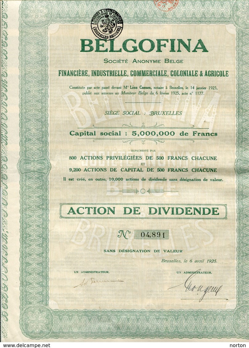 Congo Belge BELGOFINA S.A. Belge Financière Industrielle Commerciale & Agricole  Action De Dividende Bruxelles 1925 - Afrique