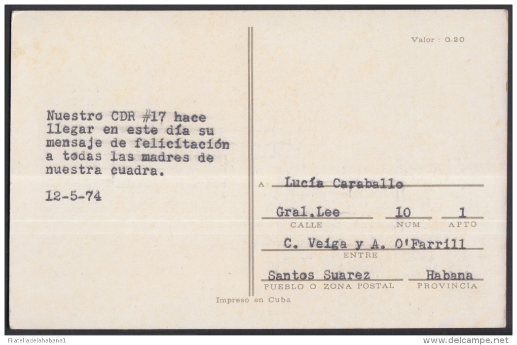 1974-EP-31 CUBA 1974. Ed.113c. MOTHER DAY SPECIAL DELIVERY. POSTAL STATIONERY. FLORES. FLOWERS. USED. - Storia Postale