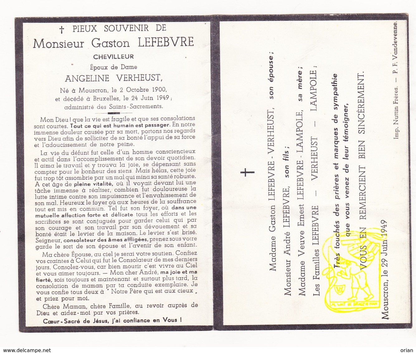 DP Im. Pieuse - Chevilleur Gaston Lefebvre ° Moeskroen Mouscron 1900 † Brussel Bruxelles 1949 X Ang. Verheust / Lampole - Images Religieuses