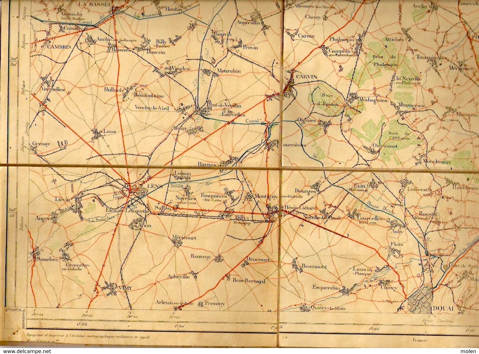 Ca1880 CARTE D ETAT MAJOR SUR TOILE Feuille XIII TOURNAI TOURCOING LILLE PECQ LEERS-NORD DOUAI LENS ARMENTIERES S898 - Andere & Zonder Classificatie