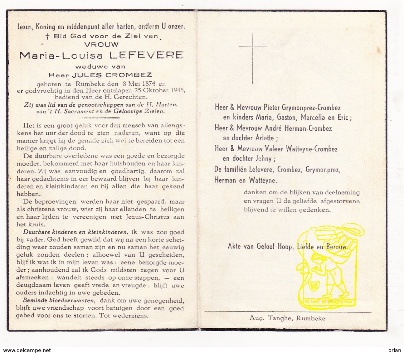 DP Maria L. Lefevere ° Rumbeke Roeselare 1874 † 1945 X Jules Crombez / Grymonprez Herman Watteyne - Devotion Images