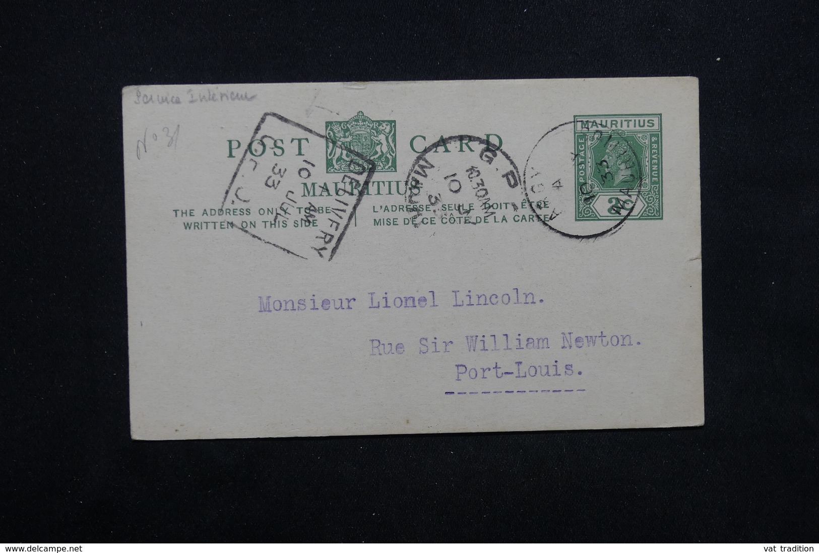 ÎLE MAURICE - Entier Postal De Argy Pour Port Louis En 1933 - L 23575 - Mauritius (...-1967)