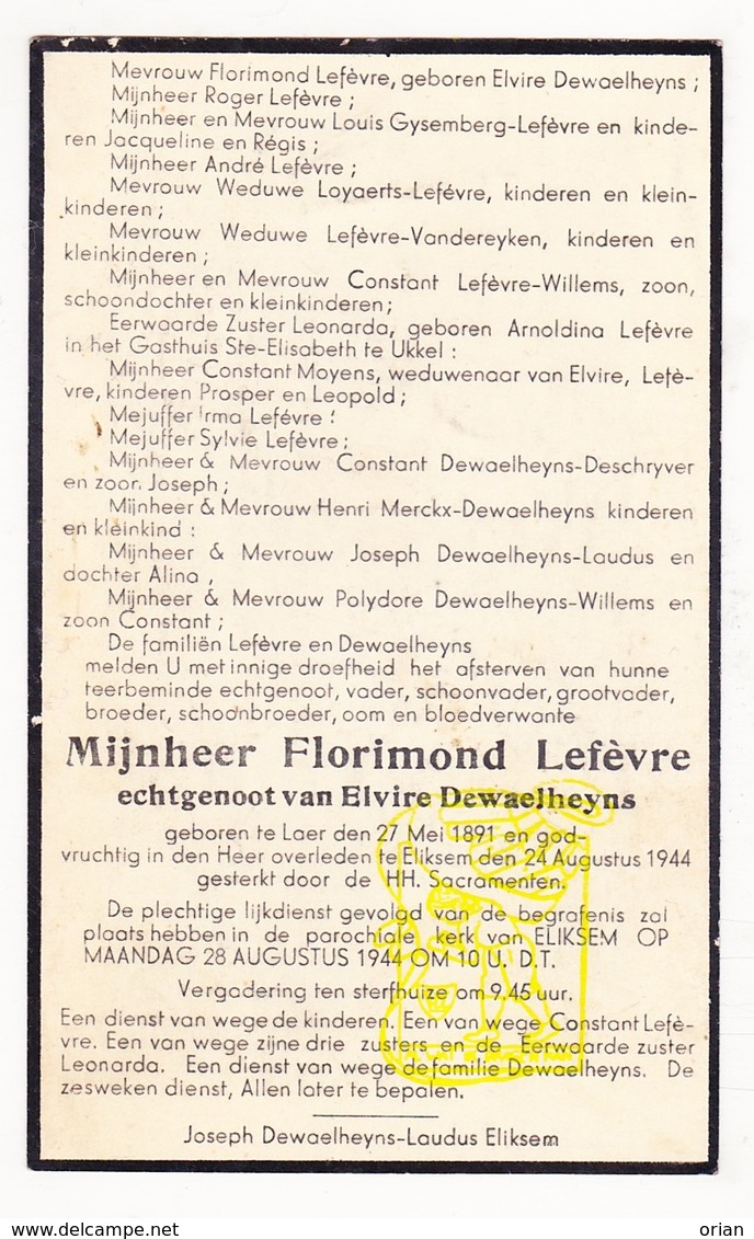 DP Florimond Lefevre ° Laar Landen 1891 † Eliksem 1944 X Elvire DeWaelheyns / Gysemberg Merckx Laudus Loyaerts - Images Religieuses