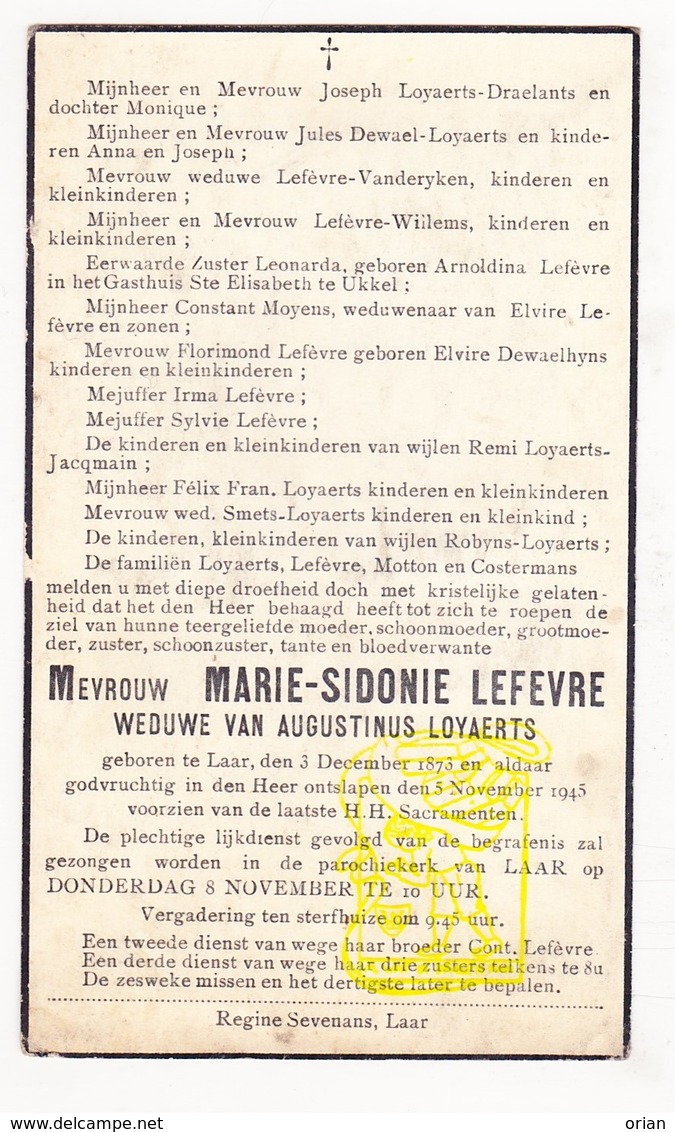 DP Marie S. Lefevre ° Laar Landen 1873 † 1945 X Aug. Loyaerts / Draelants Dewael Dewaelheyns Motton Costermans Jacqmain - Images Religieuses