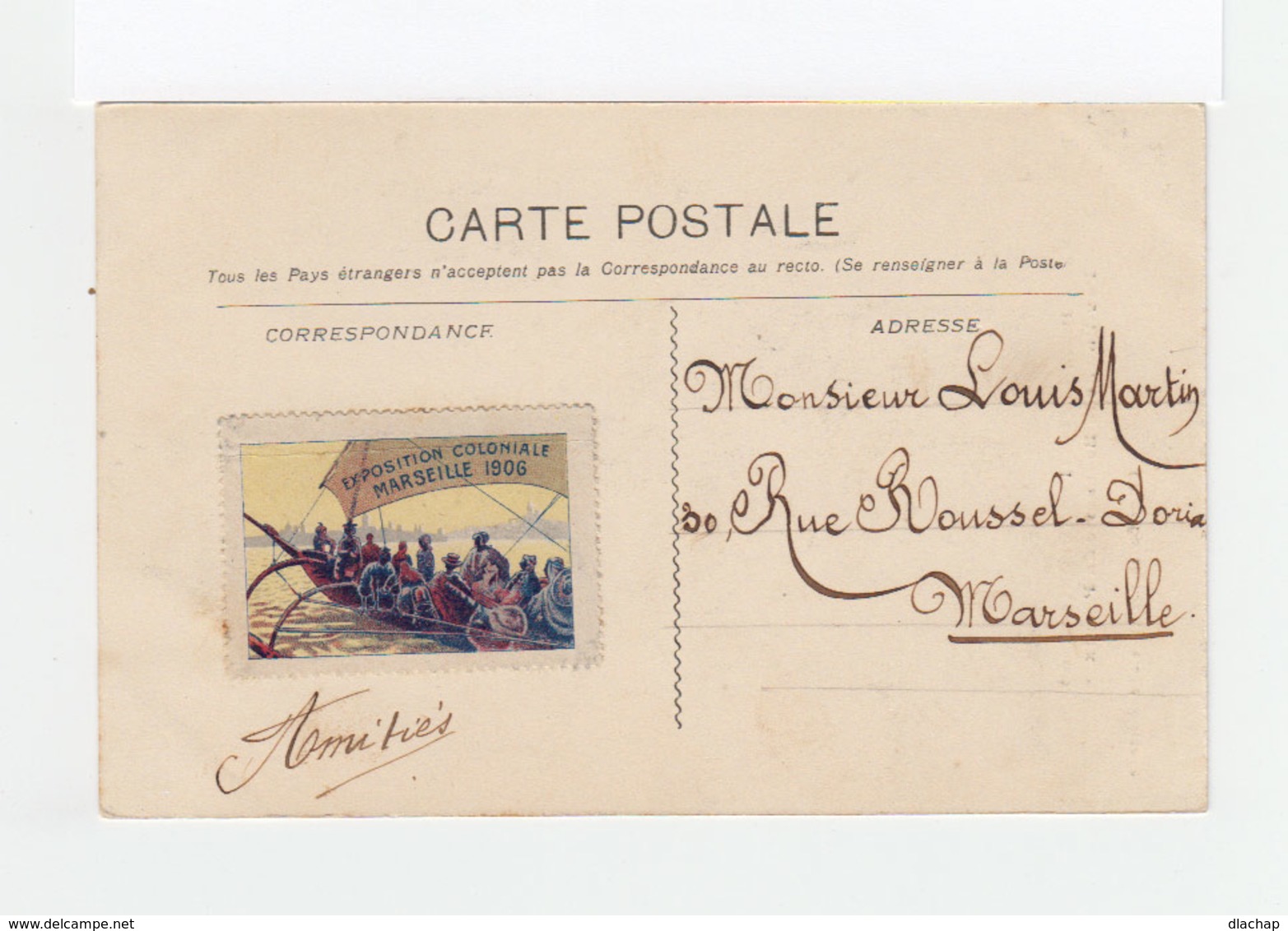 Sur Carte Postale  Type Blanc CAD Exposition Coloniale Marseille 1906. Vignette Exposition Coloniale. (1138x) - Cachets Commémoratifs