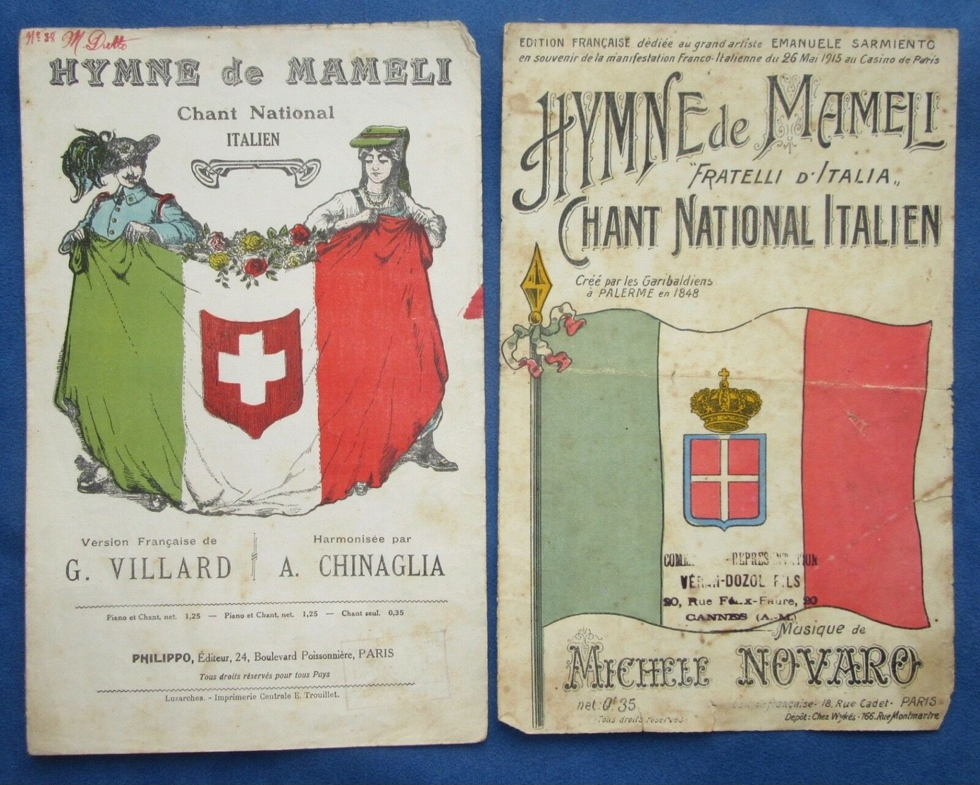 CAF CONC ITALIE MILITARIA 1915 PARTITION HYMNE DE MAMELI CHINAGLIA VILLARD NOVARO COMTE EMANUELE SARMIENTO 2 VERSIONS - Autres & Non Classés