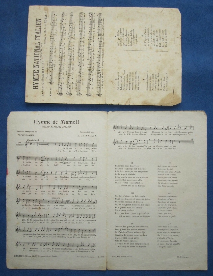 CAF CONC ITALIE MILITARIA 1915 PARTITION HYMNE DE MAMELI CHINAGLIA VILLARD NOVARO COMTE EMANUELE SARMIENTO 2 VERSIONS - Autres & Non Classés